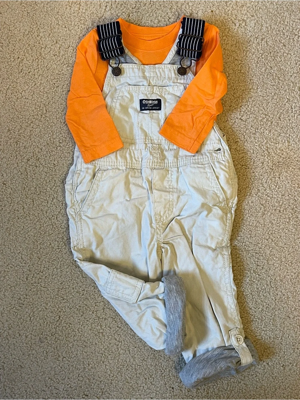 OshKosh B'gosh Khaki Cargo Overalls with Navy Adjustable Strap 2T
